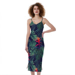 Hawaiian Palm Leaves Pattern Print Slim Fit Midi Cami Dress