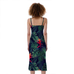 Hawaiian Palm Leaves Pattern Print Slim Fit Midi Cami Dress