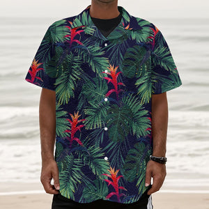 Hawaiian Palm Leaves Pattern Print Textured Short Sleeve Shirt