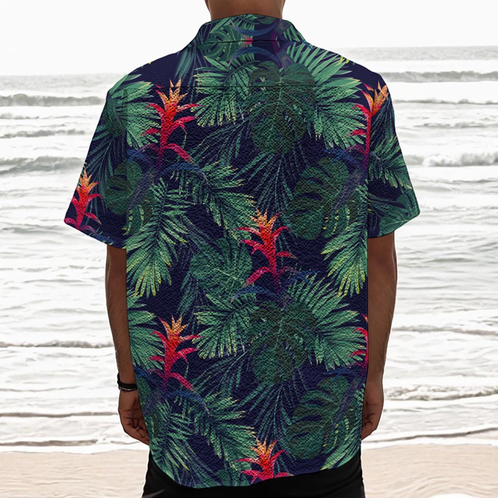 Hawaiian Palm Leaves Pattern Print Textured Short Sleeve Shirt
