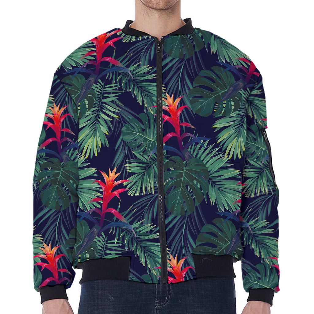 Hawaiian Palm Leaves Pattern Print Zip Sleeve Bomber Jacket