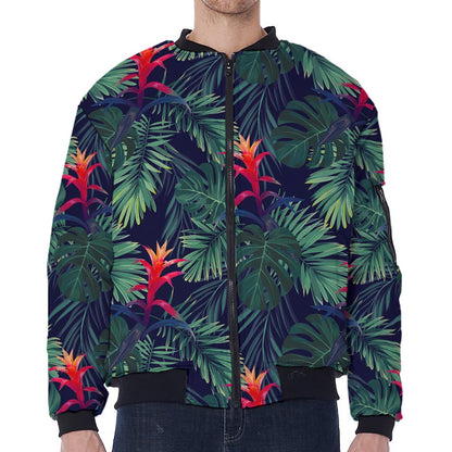 Hawaiian Palm Leaves Pattern Print Zip Sleeve Bomber Jacket