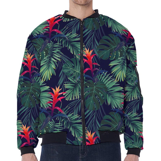 Hawaiian Palm Leaves Pattern Print Zip Sleeve Bomber Jacket