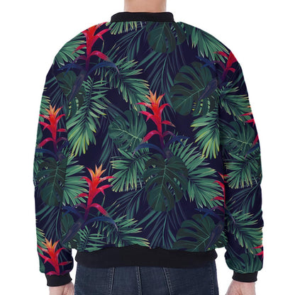 Hawaiian Palm Leaves Pattern Print Zip Sleeve Bomber Jacket