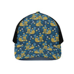 Hawaiian Tiki Pattern Print Black Mesh Trucker Cap