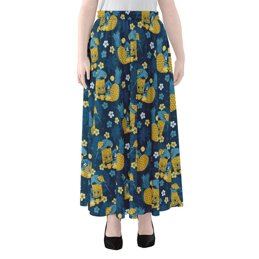 Hawaiian Tiki Pattern Print Chiffon Maxi Skirt