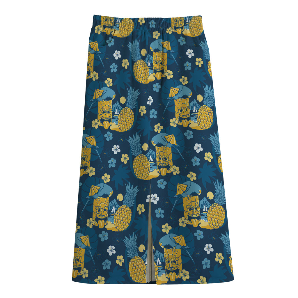 Hawaiian Tiki Pattern Print Cotton Front Slit Maxi Skirt
