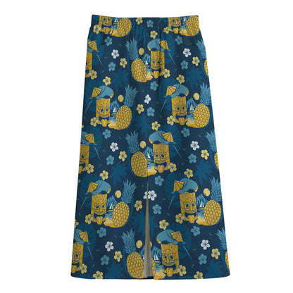 Hawaiian Tiki Pattern Print Cotton Front Slit Maxi Skirt
