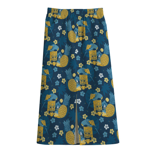 Hawaiian Tiki Pattern Print Cotton Front Slit Maxi Skirt