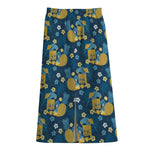 Hawaiian Tiki Pattern Print Cotton Front Slit Maxi Skirt