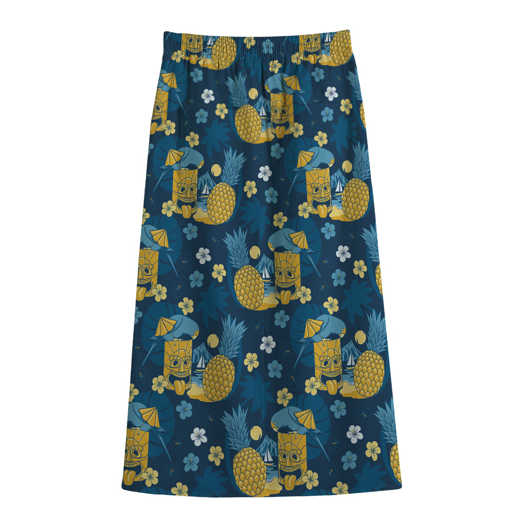 Hawaiian Tiki Pattern Print Cotton Front Slit Maxi Skirt