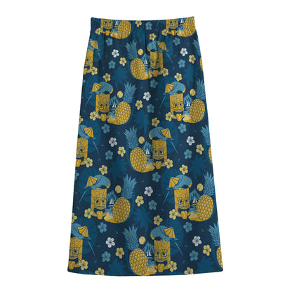 Hawaiian Tiki Pattern Print Cotton Front Slit Maxi Skirt
