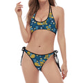 Hawaiian Tiki Pattern Print Halter Scoop Tie Side Bikini