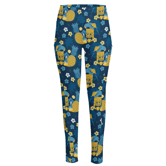Hawaiian Tiki Pattern Print High-Waisted Pocket Leggings