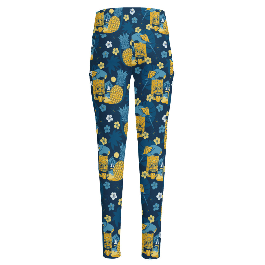 Hawaiian Tiki Pattern Print High-Waisted Pocket Leggings