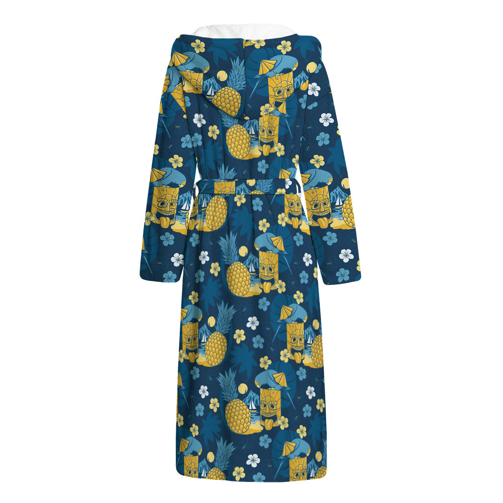 Hawaiian Tiki Pattern Print Hooded Bathrobe