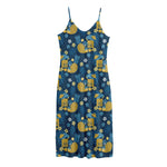 Hawaiian Tiki Pattern Print Jersey Midi Cami Dress