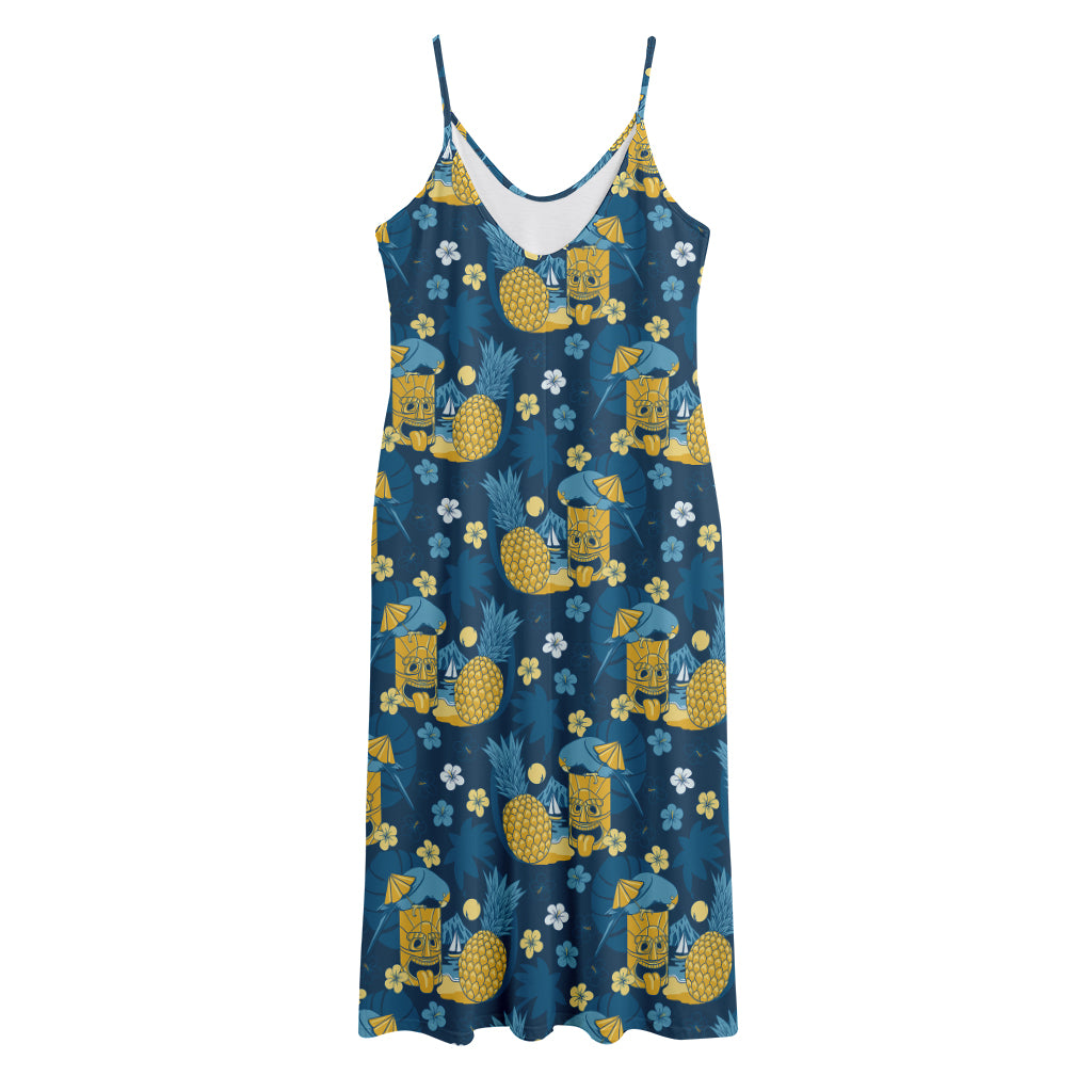 Hawaiian Tiki Pattern Print Jersey Midi Cami Dress