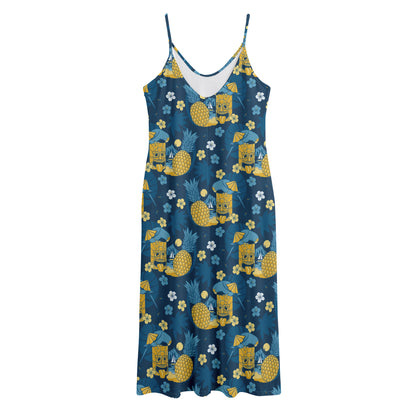 Hawaiian Tiki Pattern Print Jersey Midi Cami Dress