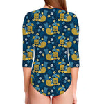 Hawaiian Tiki Pattern Print Long Sleeve Swimsuit