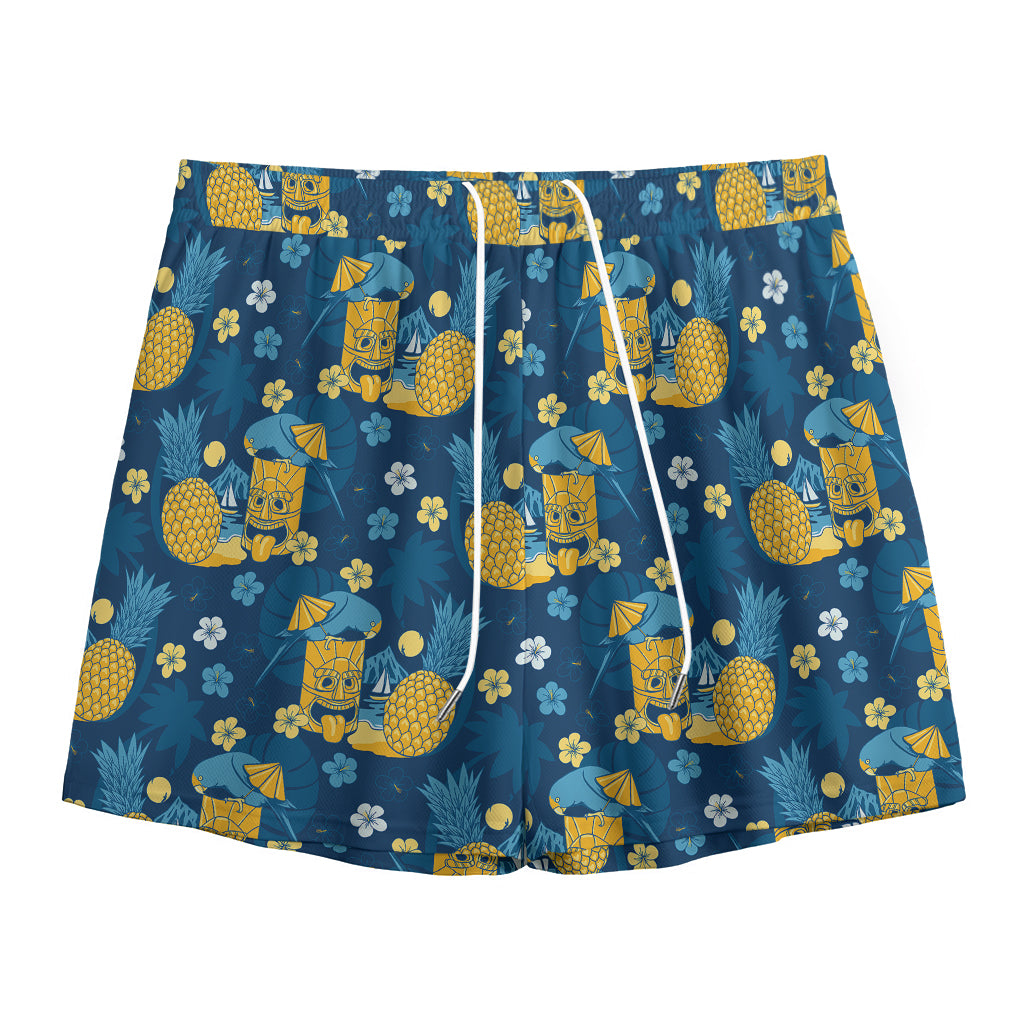 Hawaiian Tiki Pattern Print Mesh Shorts