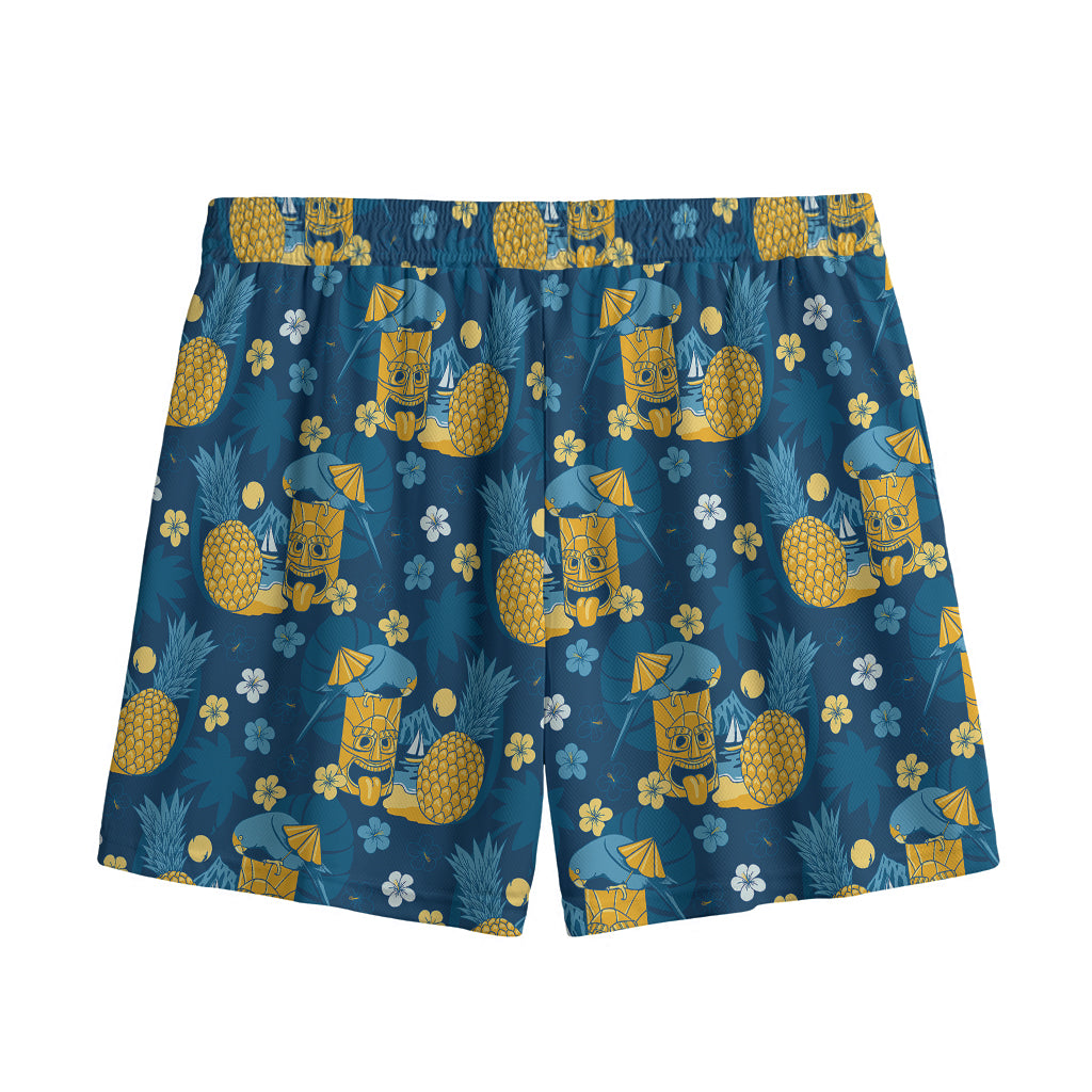Hawaiian Tiki Pattern Print Mesh Shorts