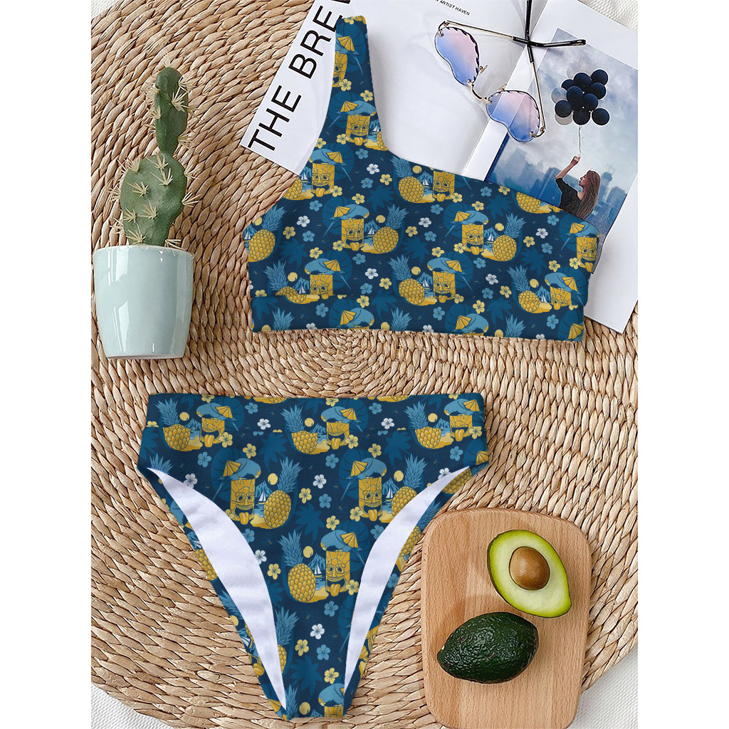 Hawaiian Tiki Pattern Print One Shoulder Bikini Top