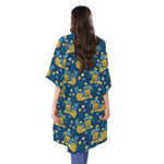 Hawaiian Tiki Pattern Print Open Front Beach Cover Up