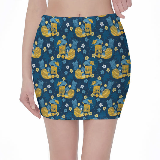 Hawaiian Tiki Pattern Print Pencil Mini Skirt