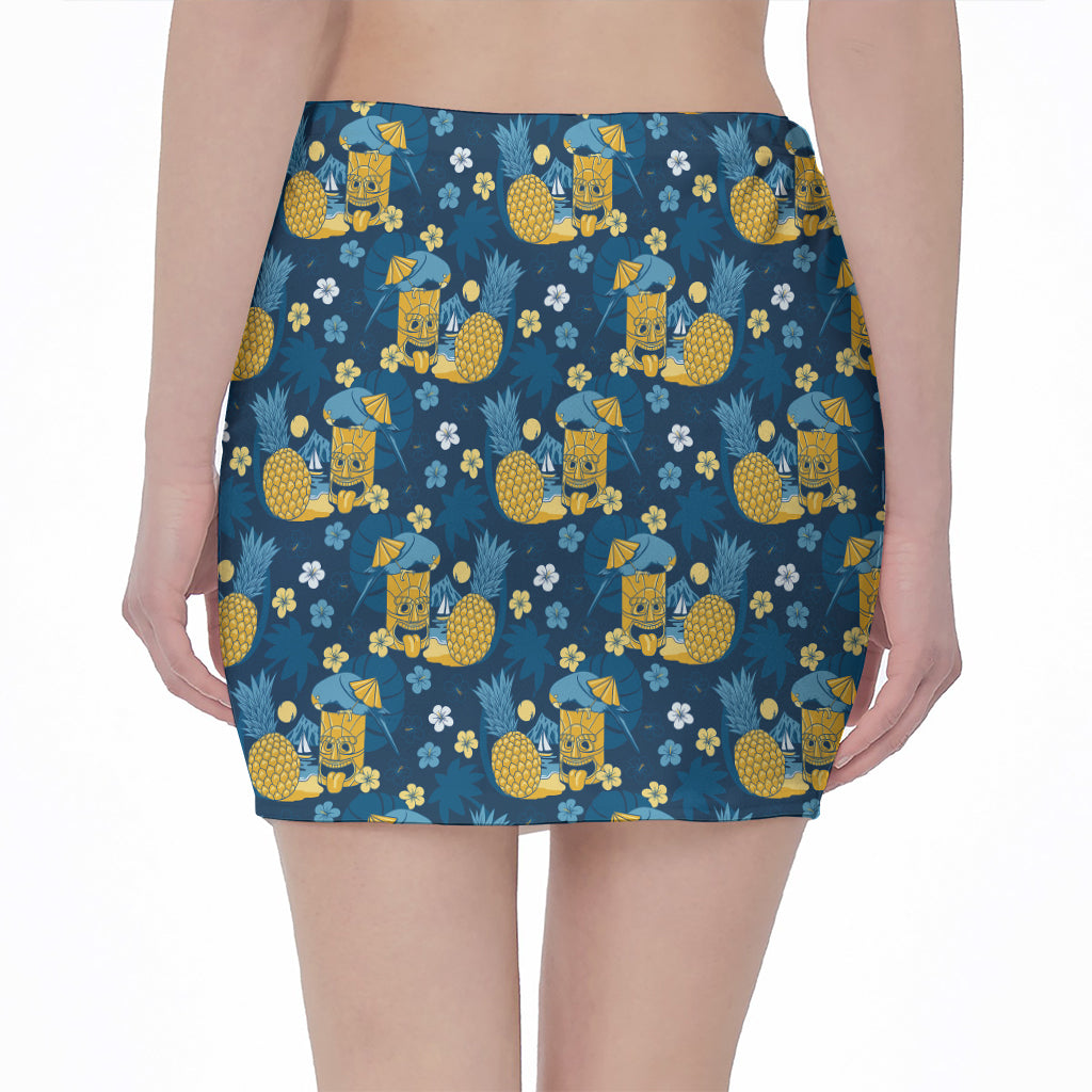 Hawaiian Tiki Pattern Print Pencil Mini Skirt