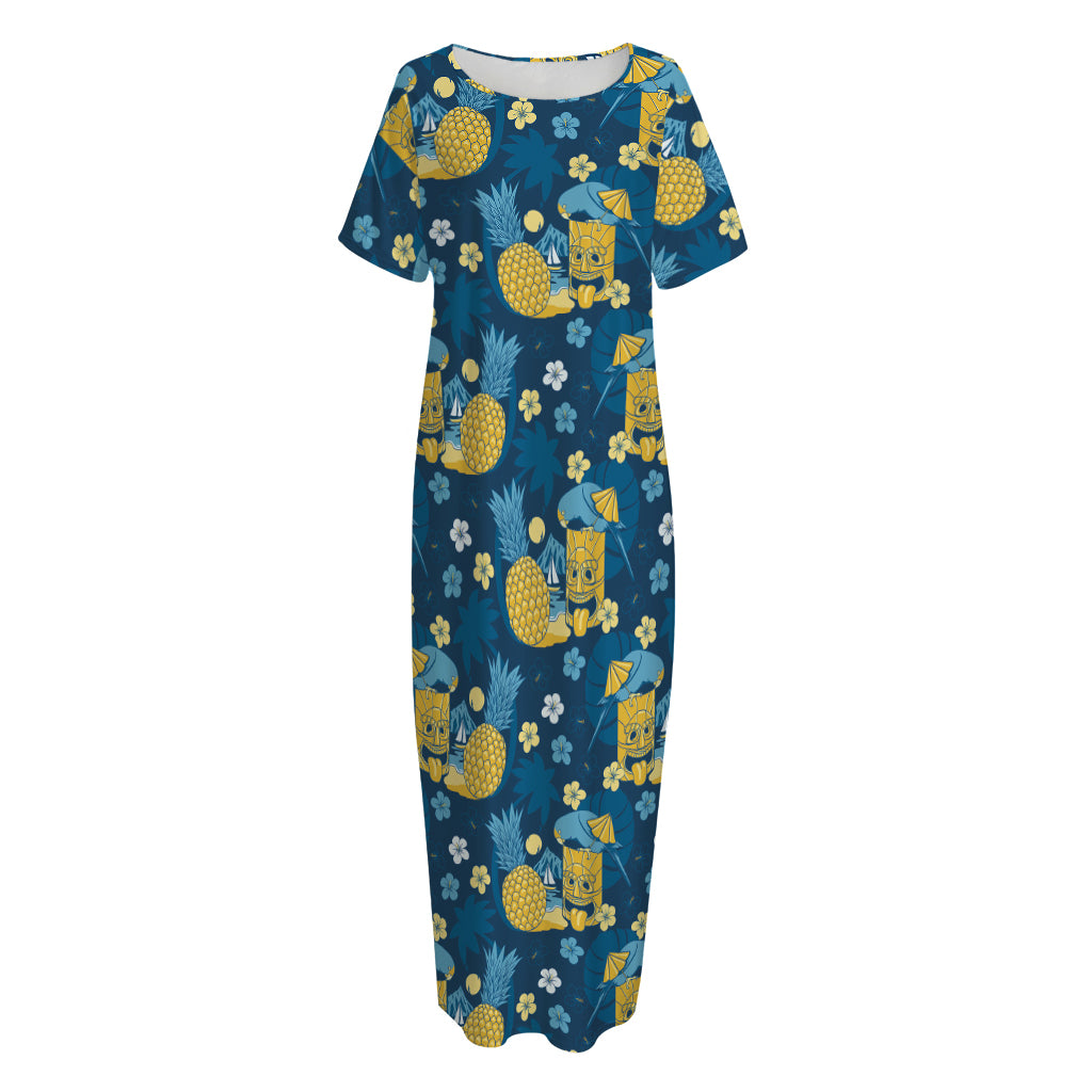 Hawaiian Tiki Pattern Print Short Sleeve Long Nightdress