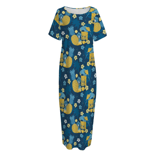 Hawaiian Tiki Pattern Print Short Sleeve Long Nightdress