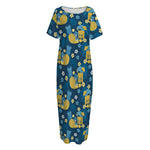 Hawaiian Tiki Pattern Print Short Sleeve Long Nightdress