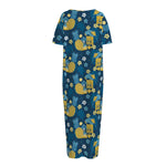 Hawaiian Tiki Pattern Print Short Sleeve Long Nightdress