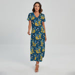 Hawaiian Tiki Pattern Print Short Sleeve Maxi Dress