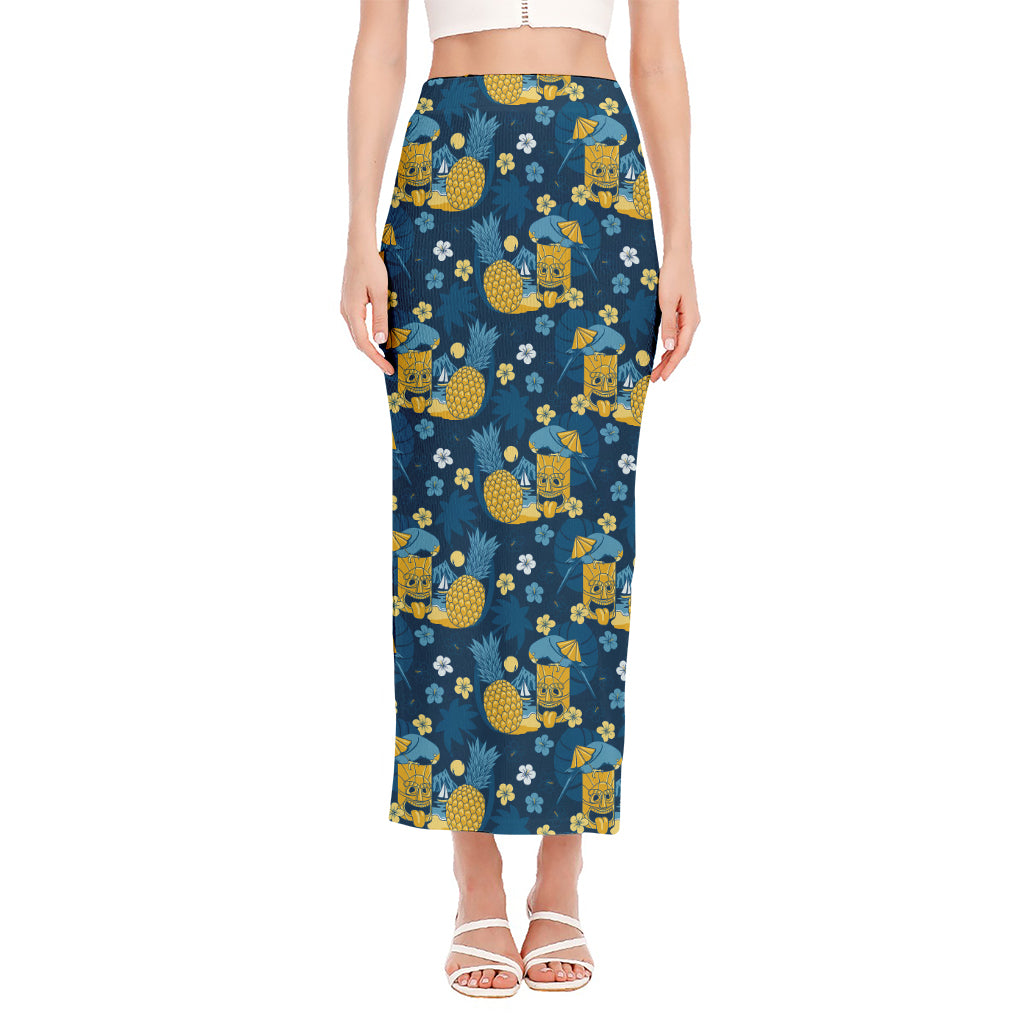 Hawaiian Tiki Pattern Print Side Slit Maxi Skirt