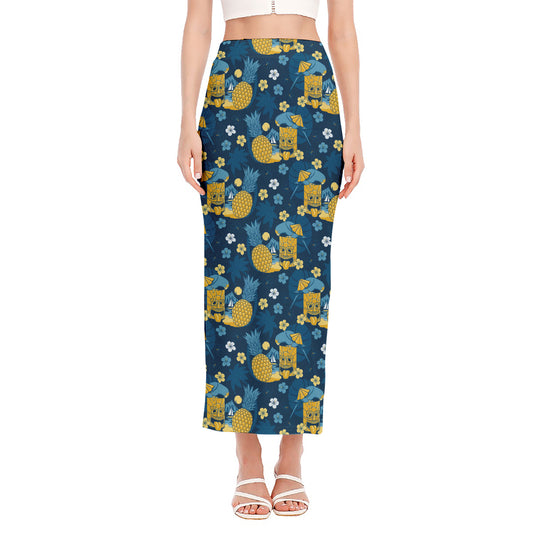Hawaiian Tiki Pattern Print Side Slit Maxi Skirt