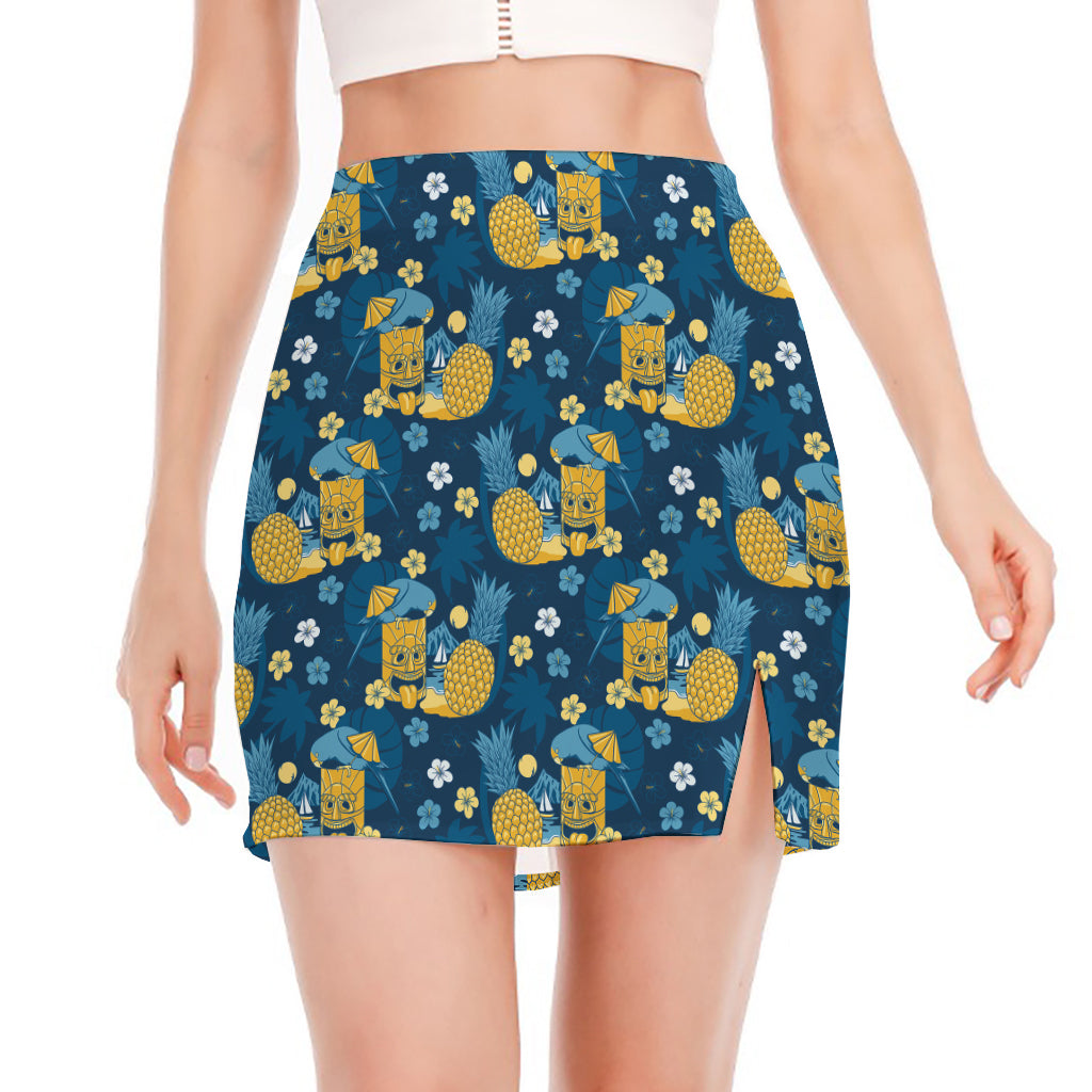 Hawaiian Tiki Pattern Print Side Slit Mini Skirt