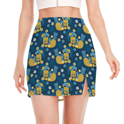 Hawaiian Tiki Pattern Print Side Slit Mini Skirt