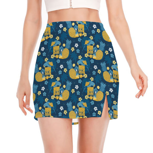 Hawaiian Tiki Pattern Print Side Slit Mini Skirt