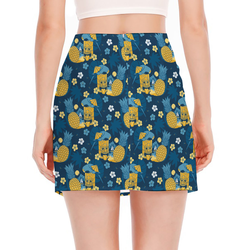 Hawaiian Tiki Pattern Print Side Slit Mini Skirt