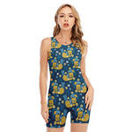 Hawaiian Tiki Pattern Print Sleeveless One Piece Swimsuit