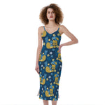 Hawaiian Tiki Pattern Print Slim Fit Midi Cami Dress