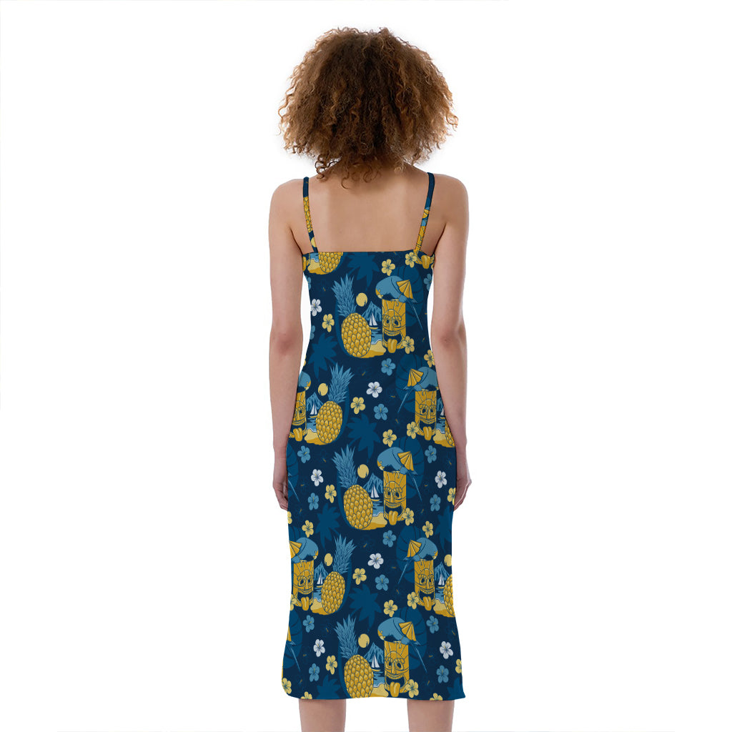 Hawaiian Tiki Pattern Print Slim Fit Midi Cami Dress