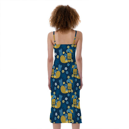 Hawaiian Tiki Pattern Print Slim Fit Midi Cami Dress