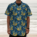 Hawaiian Tiki Pattern Print Textured Short Sleeve Shirt