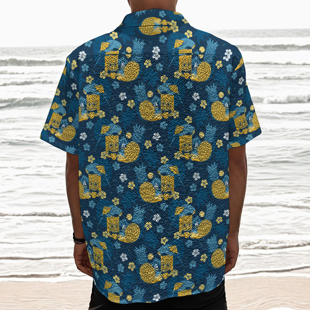 Hawaiian Tiki Pattern Print Textured Short Sleeve Shirt
