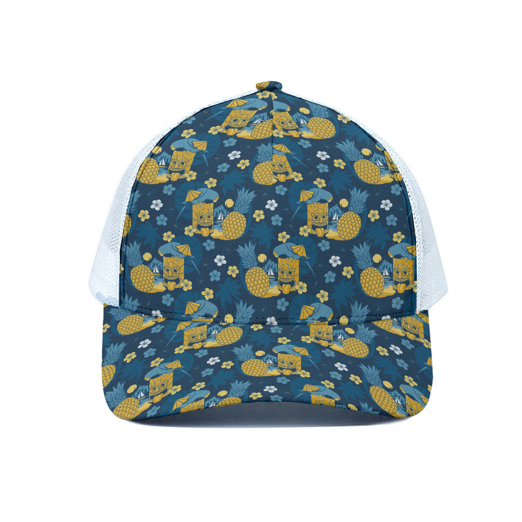 Hawaiian Tiki Pattern Print White Mesh Trucker Cap