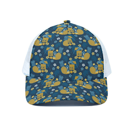 Hawaiian Tiki Pattern Print White Mesh Trucker Cap