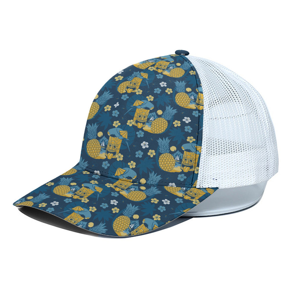 Hawaiian Tiki Pattern Print White Mesh Trucker Cap